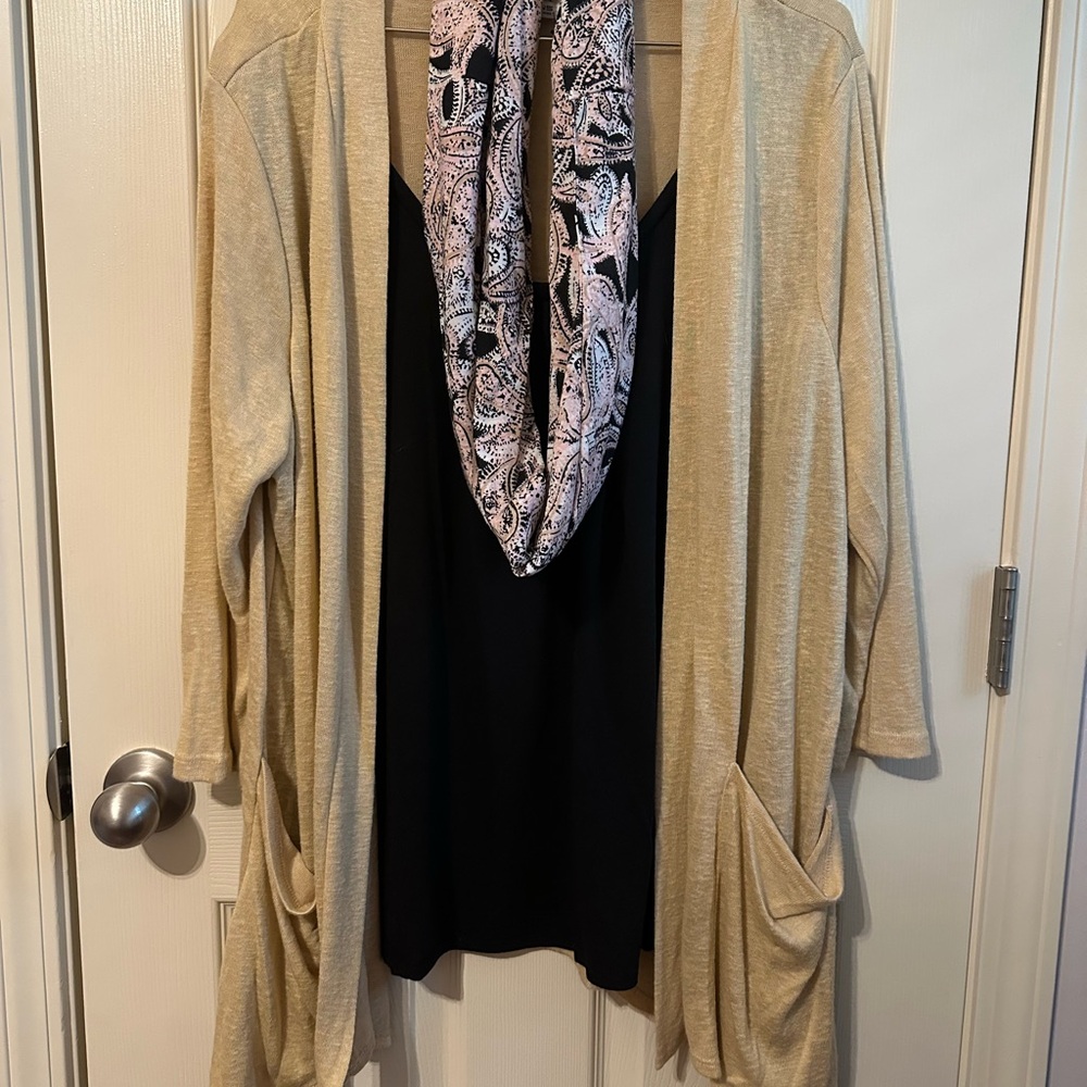 Notations Beige Cardigan with Black Blouse